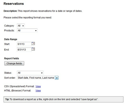 Reservations Report options